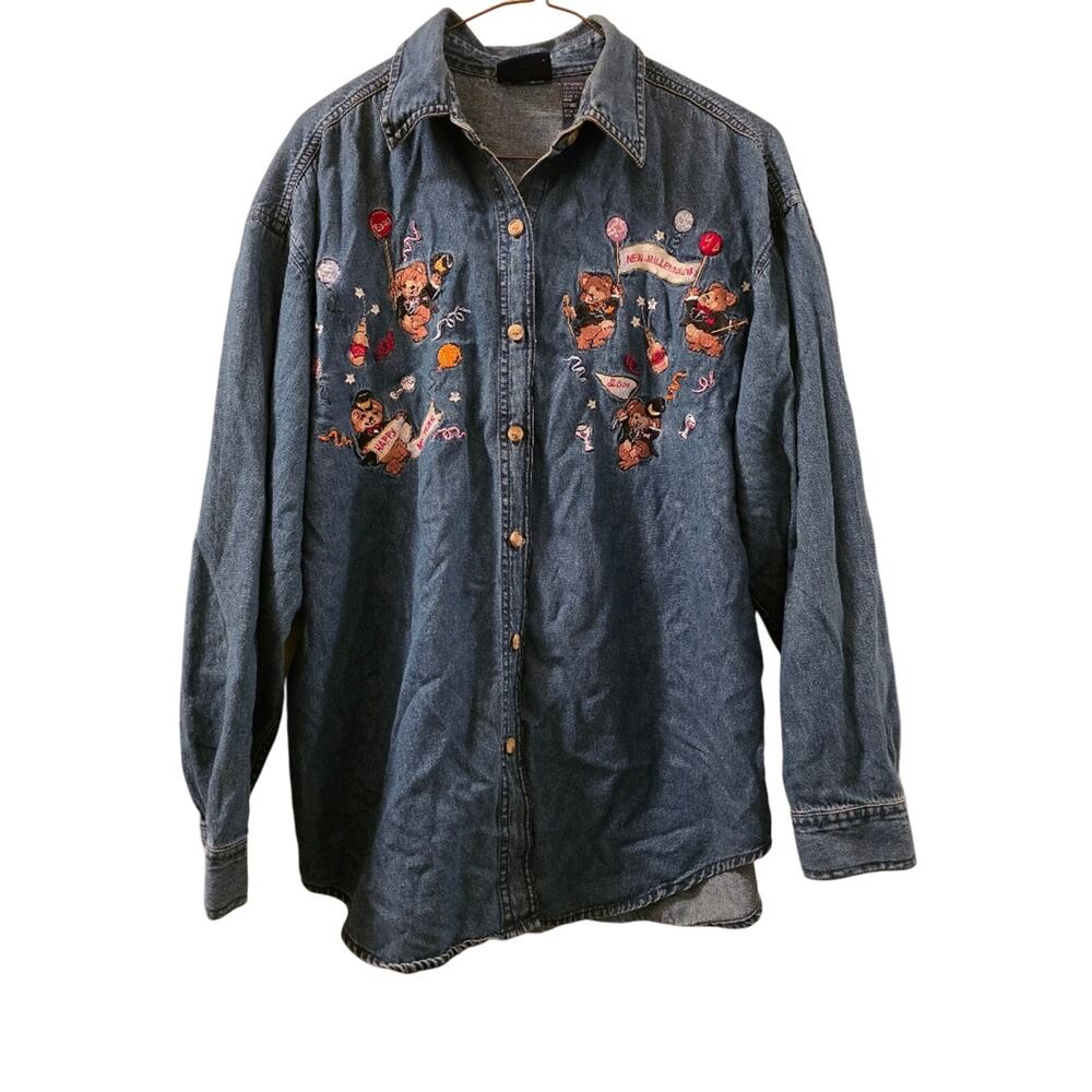 Vtg 2000s Y2K New Millennium Bear Embroidered Long Sleeve Denim Shirt L New Year